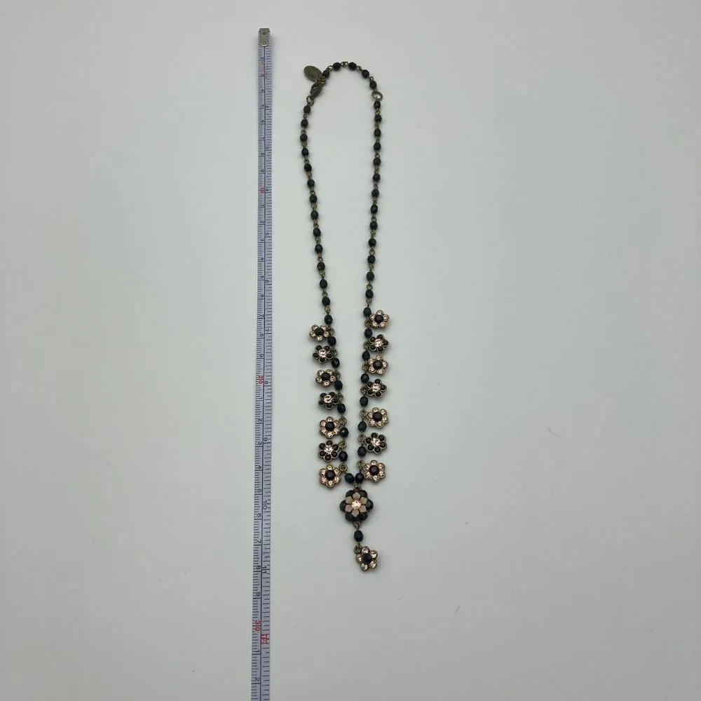 Vtg Michal Negrin Black Pink Beaded Floral Daisy Chain Choker Crystal Accents - Picture 8 of 9